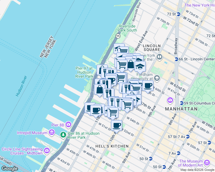 map of restaurants, bars, coffee shops, grocery stores, and more near 823 11th Avenue in New York