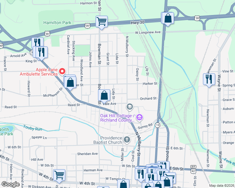 map of restaurants, bars, coffee shops, grocery stores, and more near 414 Lida Street in Mansfield