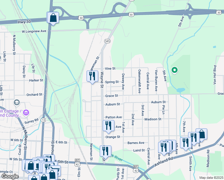 map of restaurants, bars, coffee shops, grocery stores, and more near 462 Pearl Street in Mansfield