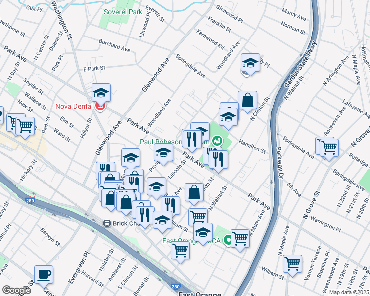 map of restaurants, bars, coffee shops, grocery stores, and more near 491 Park Avenue in East Orange
