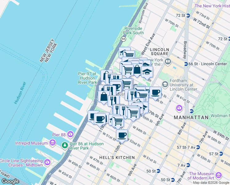map of restaurants, bars, coffee shops, grocery stores, and more near 823 11th Avenue in New York