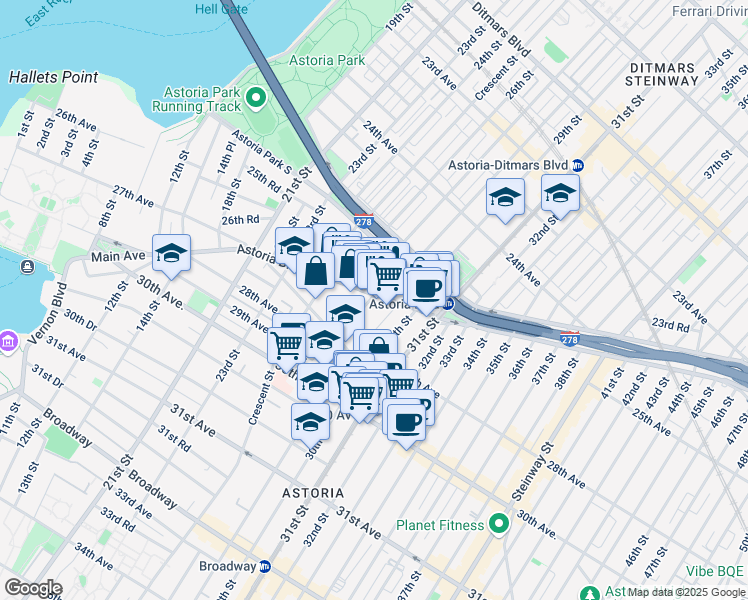map of restaurants, bars, coffee shops, grocery stores, and more near 26-33 28th Street in Queens