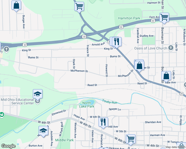 map of restaurants, bars, coffee shops, grocery stores, and more near 569 McPherson Street in Mansfield