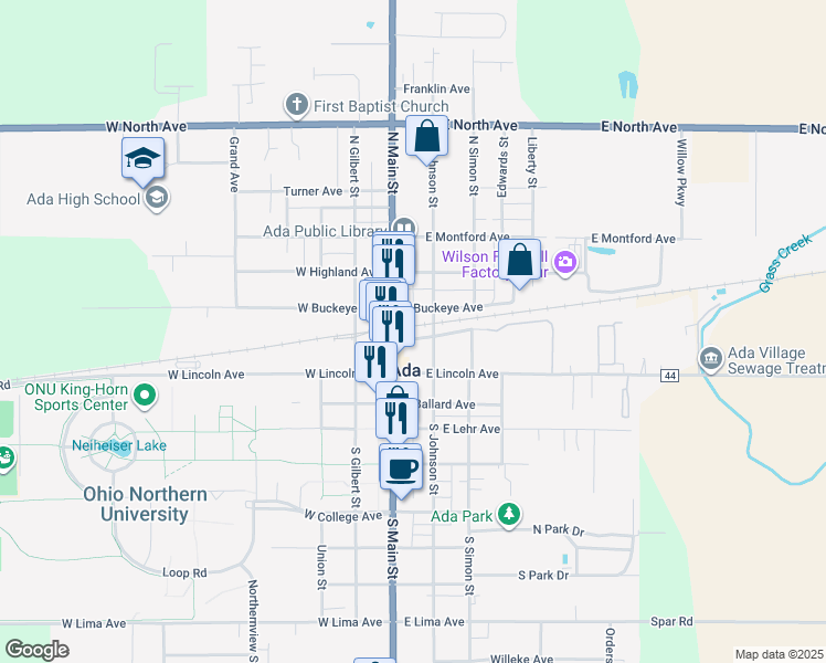 map of restaurants, bars, coffee shops, grocery stores, and more near 112 Central Avenue in Ada