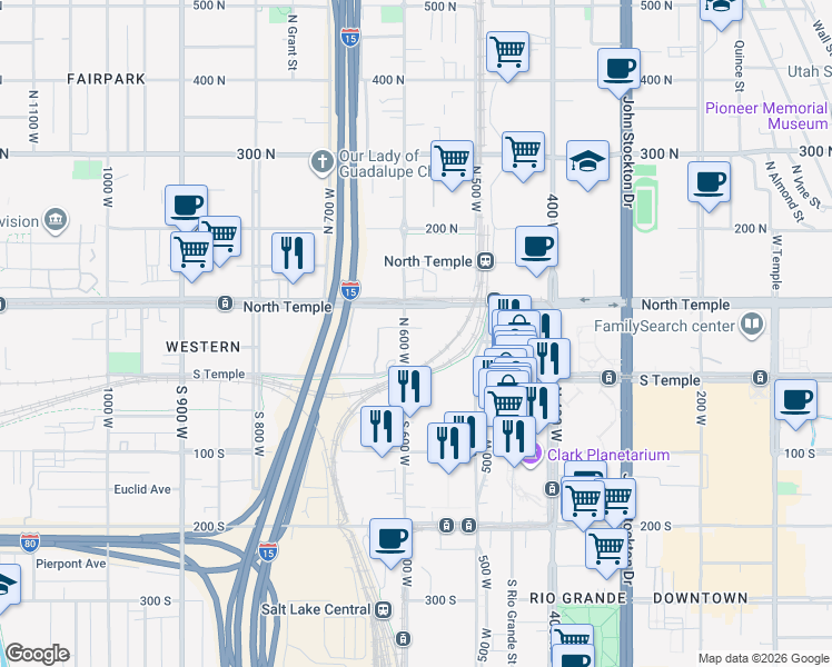 map of restaurants, bars, coffee shops, grocery stores, and more near 50 North 600 West in Salt Lake City