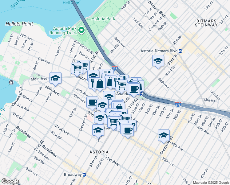 map of restaurants, bars, coffee shops, grocery stores, and more near 26-33 28th Street in Queens