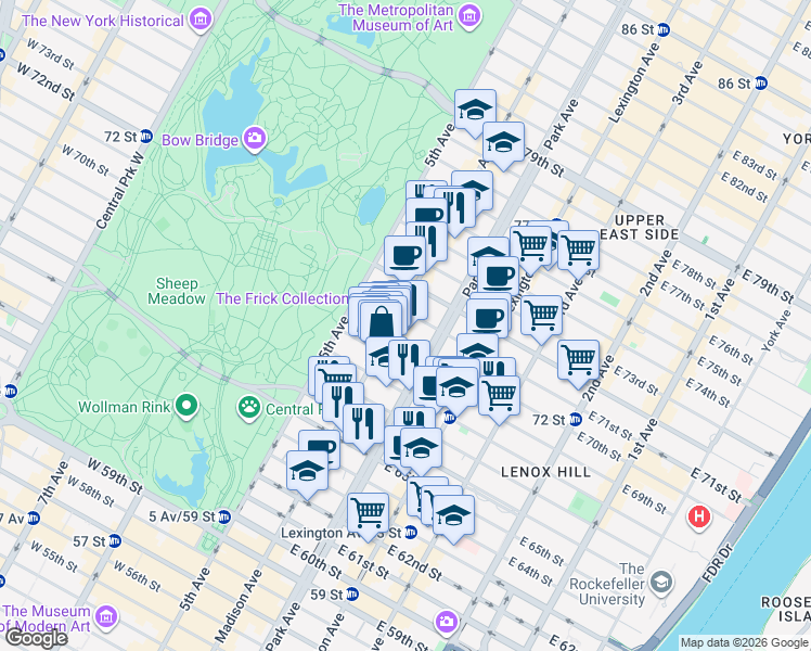 map of restaurants, bars, coffee shops, grocery stores, and more near in New York