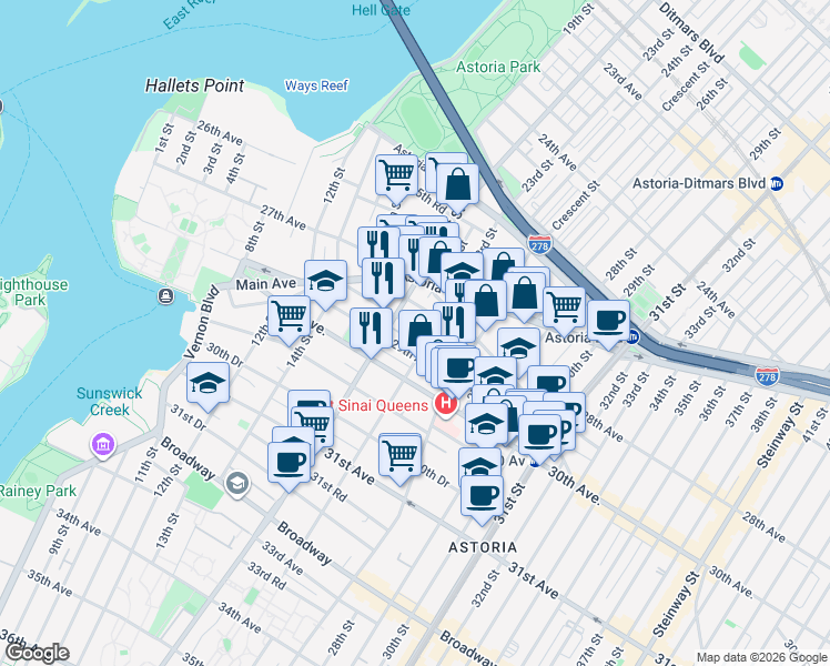 map of restaurants, bars, coffee shops, grocery stores, and more near 21-33 29th Avenue in Queens