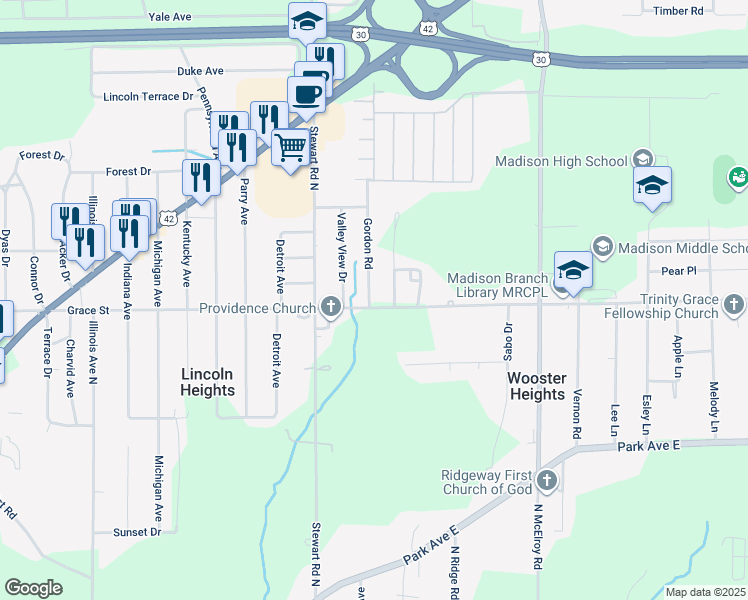 map of restaurants, bars, coffee shops, grocery stores, and more near 1173 Grace Street in Mansfield