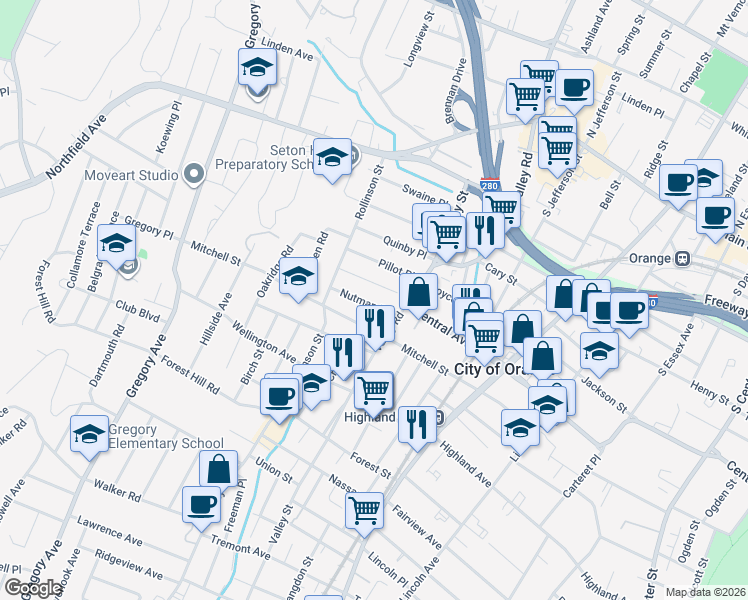 map of restaurants, bars, coffee shops, grocery stores, and more near 81 Mitchell Street in West Orange