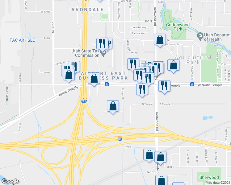 map of restaurants, bars, coffee shops, grocery stores, and more near 1969 West North Temple in Salt Lake City