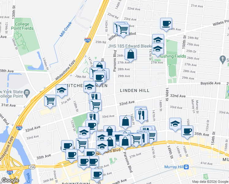 map of restaurants, bars, coffee shops, grocery stores, and more near 29-62 Parsons Boulevard in Queens