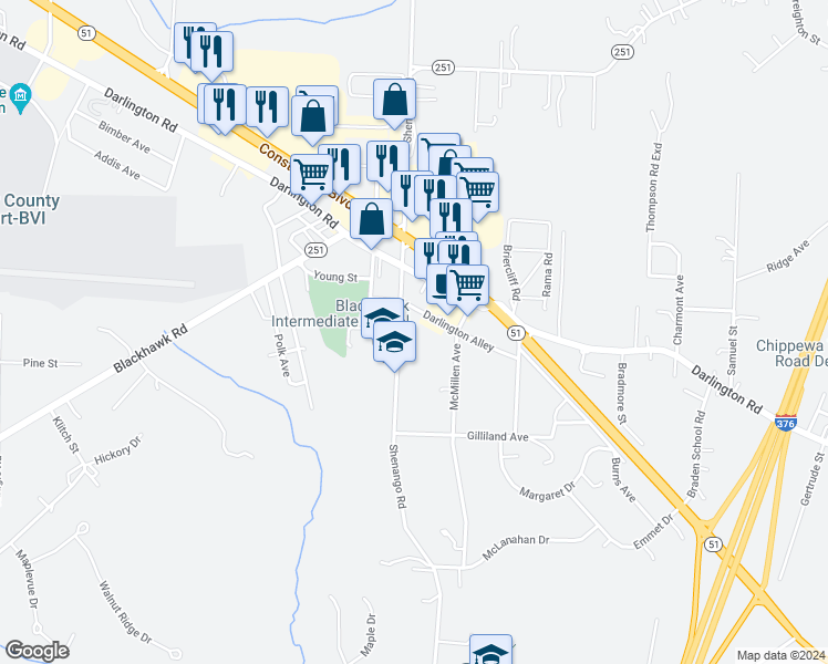 map of restaurants, bars, coffee shops, grocery stores, and more near 644 Shenango Road in Beaver Falls