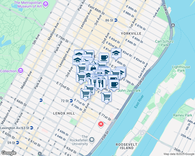 map of restaurants, bars, coffee shops, grocery stores, and more near 370 E 76th St in New York