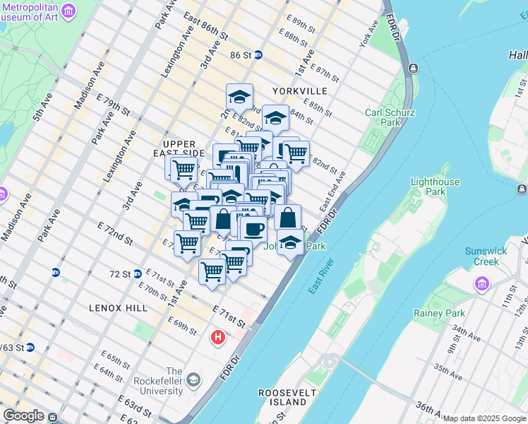 map of restaurants, bars, coffee shops, grocery stores, and more near 1465 York Avenue in New York