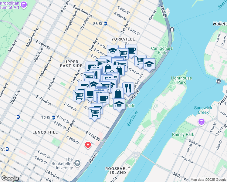 map of restaurants, bars, coffee shops, grocery stores, and more near 520 East 77th Street in New York
