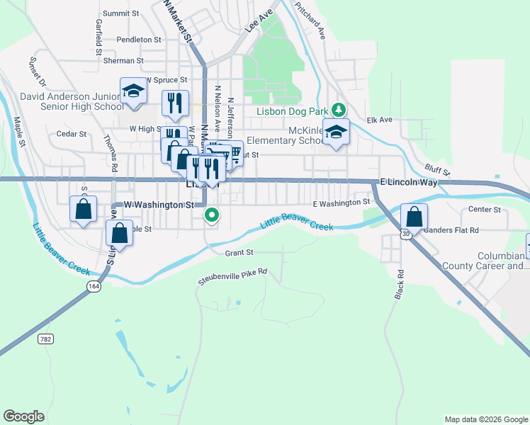 map of restaurants, bars, coffee shops, grocery stores, and more near 39002 Grant Street in Lisbon