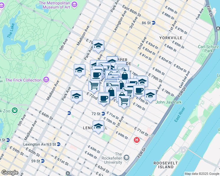 map of restaurants, bars, coffee shops, grocery stores, and more near 225 East 74th Street in New York