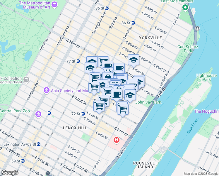map of restaurants, bars, coffee shops, grocery stores, and more near 352 East 76th Street in New York