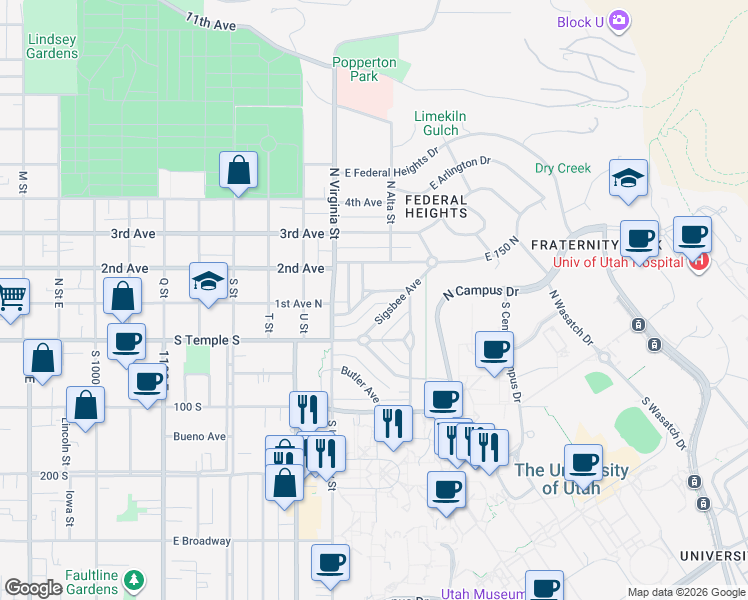 map of restaurants, bars, coffee shops, grocery stores, and more near 1414 Perry Avenue in Salt Lake City