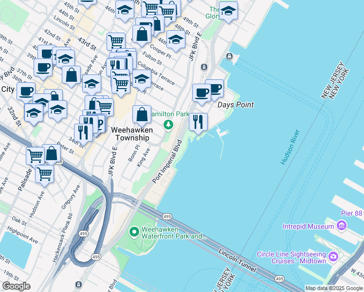 map of restaurants, bars, coffee shops, grocery stores, and more near 20 Regency Place in Weehawken