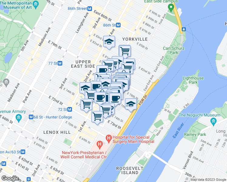 map of restaurants, bars, coffee shops, grocery stores, and more near 435 East 77th Street in New York