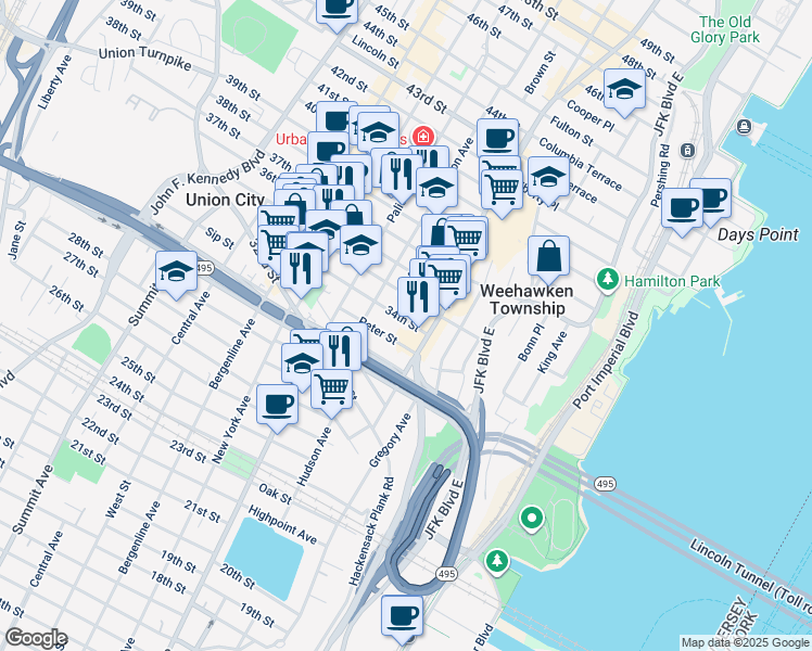 map of restaurants, bars, coffee shops, grocery stores, and more near 3343 Park Avenue in Union City