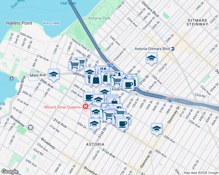 map of restaurants, bars, coffee shops, grocery stores, and more near 26-33 28th Street in Queens