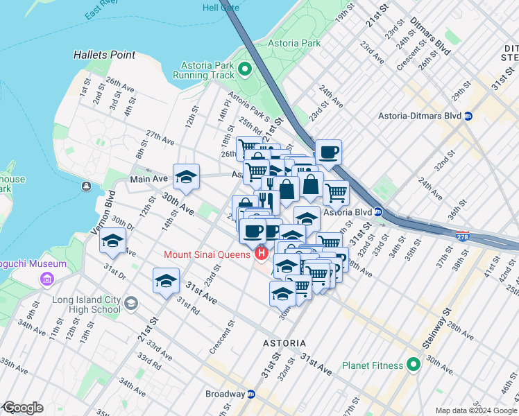 map of restaurants, bars, coffee shops, grocery stores, and more near 27-21 23rd Street in Queens