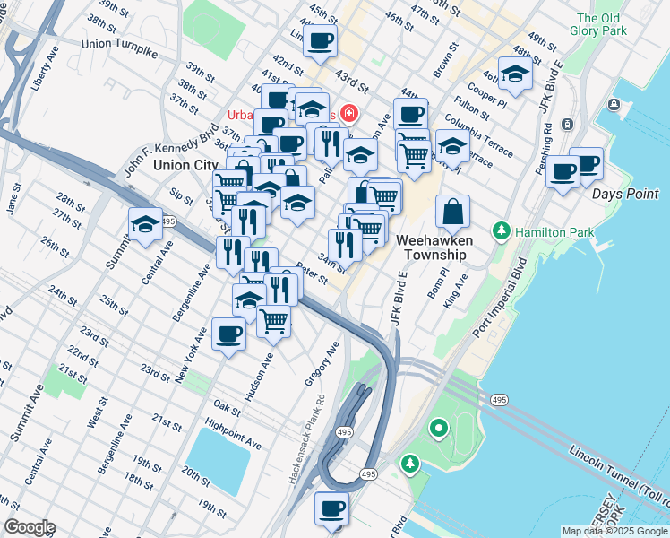 map of restaurants, bars, coffee shops, grocery stores, and more near 3343 Park Avenue in Union City