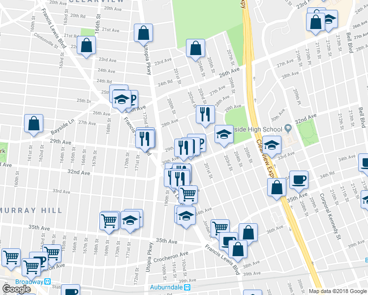 map of restaurants, bars, coffee shops, grocery stores, and more near 29-06 200th Street in Queens