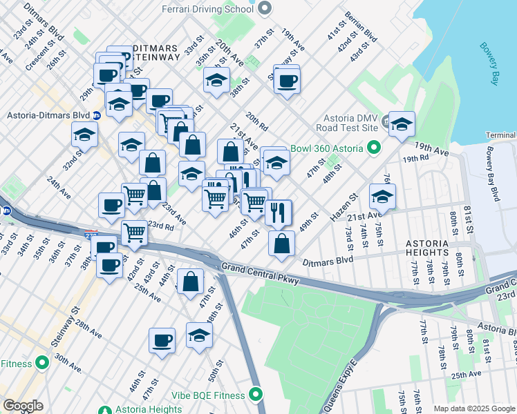 map of restaurants, bars, coffee shops, grocery stores, and more near in Queens