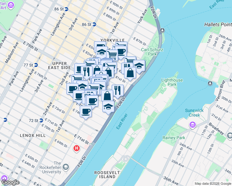 map of restaurants, bars, coffee shops, grocery stores, and more near 541 East 79th Street in New York