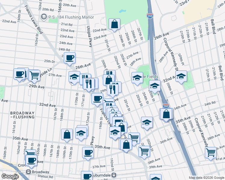 map of restaurants, bars, coffee shops, grocery stores, and more near 29-06 200th Street in Queens