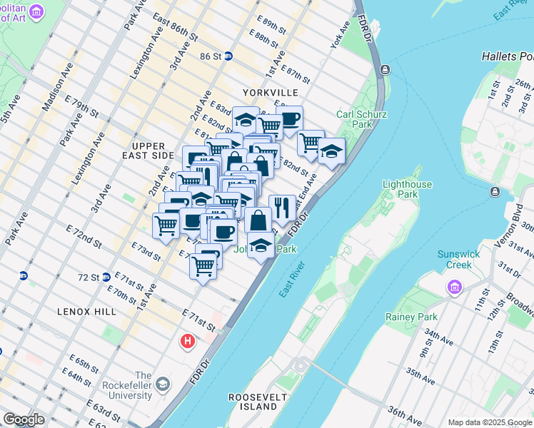 map of restaurants, bars, coffee shops, grocery stores, and more near 514 East 79th Street in New York