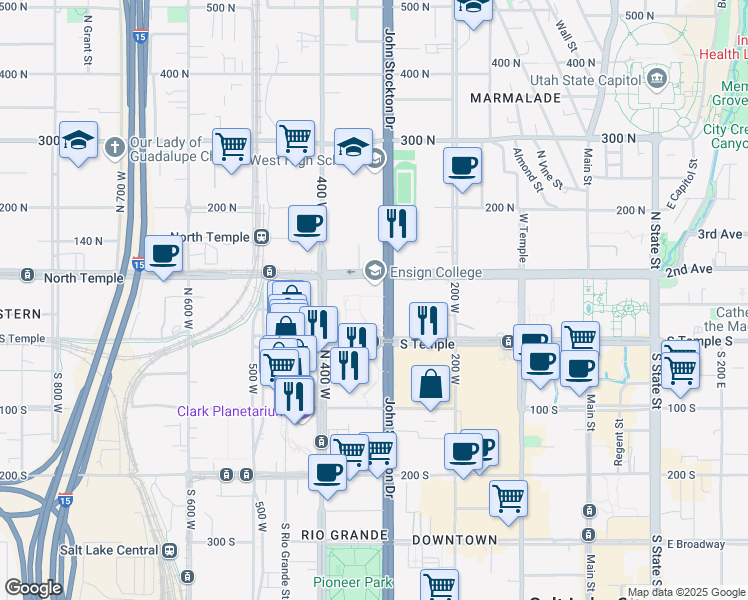 map of restaurants, bars, coffee shops, grocery stores, and more near in Salt Lake City
