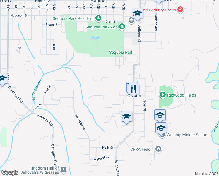 map of restaurants, bars, coffee shops, grocery stores, and more near 2105 Fern Street in Eureka