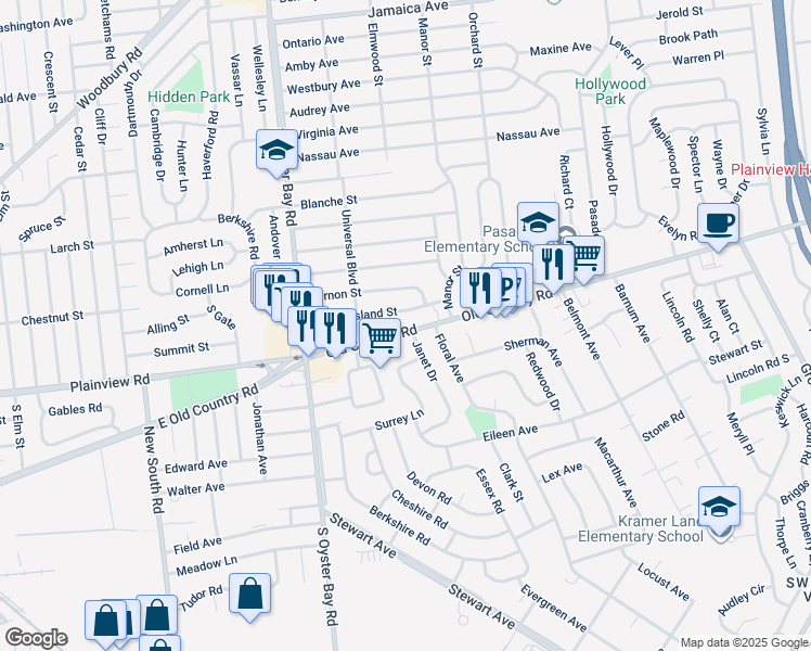 map of restaurants, bars, coffee shops, grocery stores, and more near 3 Janet Drive in Plainview