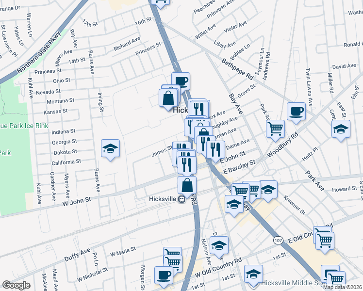 map of restaurants, bars, coffee shops, grocery stores, and more near 76 Sackett Street in Hicksville