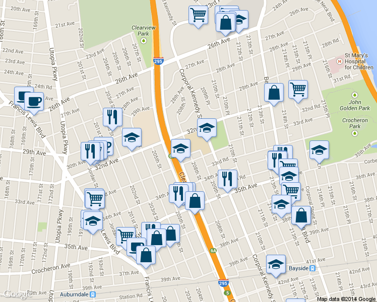 map of restaurants, bars, coffee shops, grocery stores, and more near 207-9 33rd Avenue in Queens