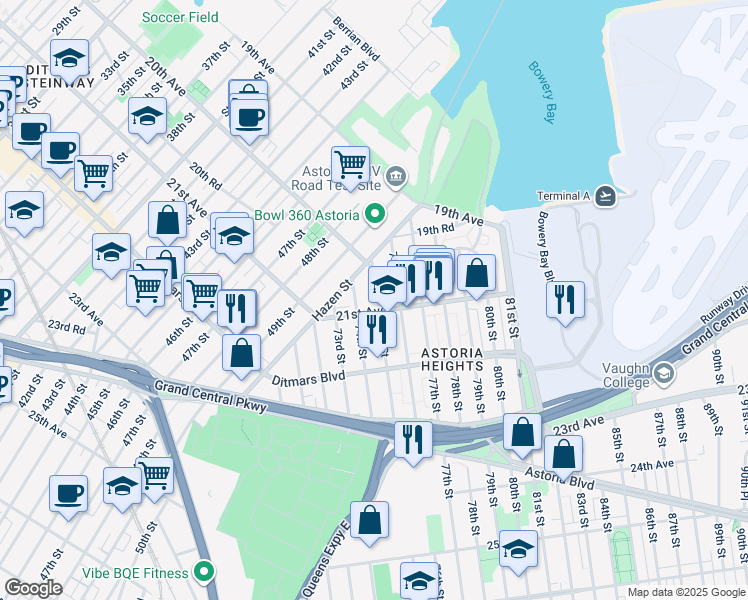 map of restaurants, bars, coffee shops, grocery stores, and more near 75-10 21st Avenue in Queens