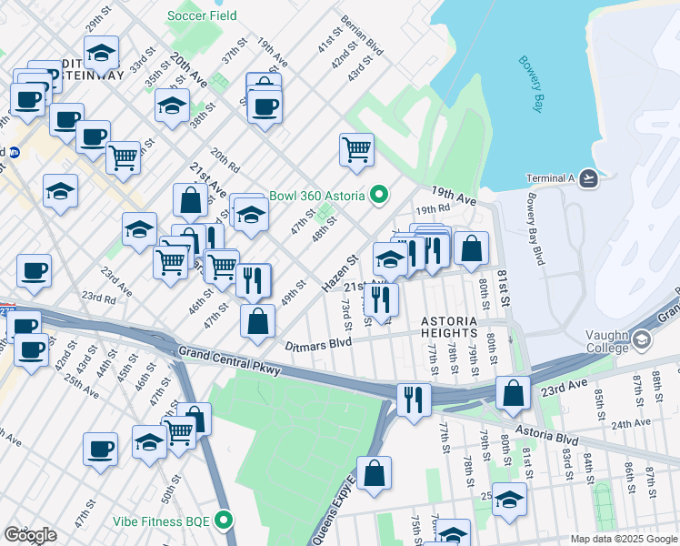 map of restaurants, bars, coffee shops, grocery stores, and more near 73-14 21st Avenue in Queens