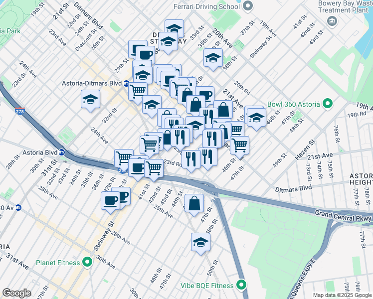 map of restaurants, bars, coffee shops, grocery stores, and more near 42-05 23rd Avenue in Queens