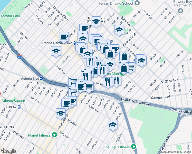 map of restaurants, bars, coffee shops, grocery stores, and more near 23-25 41st Street in Queens