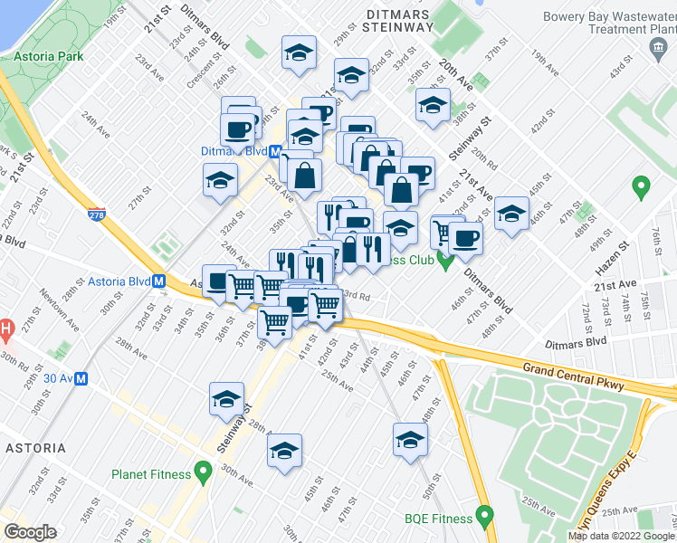map of restaurants, bars, coffee shops, grocery stores, and more near 23-53 Steinway Street in Queens