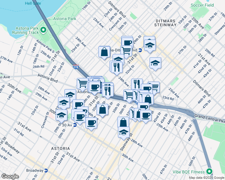 map of restaurants, bars, coffee shops, grocery stores, and more near in Queens