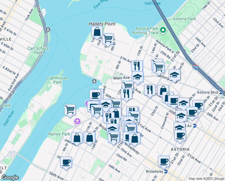map of restaurants, bars, coffee shops, grocery stores, and more near 11-27 30th Drive in Queens