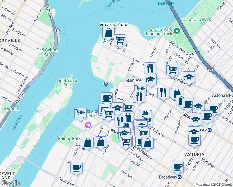 map of restaurants, bars, coffee shops, grocery stores, and more near 11-27 30th Drive in Queens