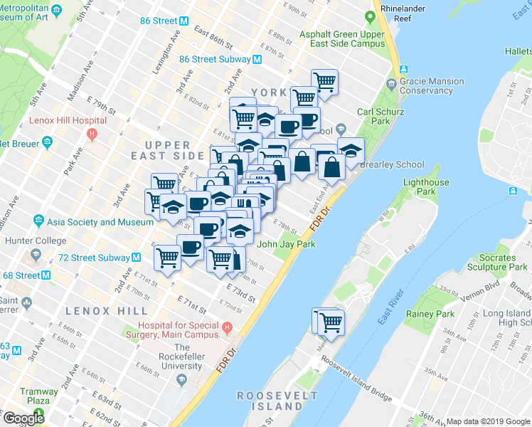 map of restaurants, bars, coffee shops, grocery stores, and more near 520 East 77th Street in New York