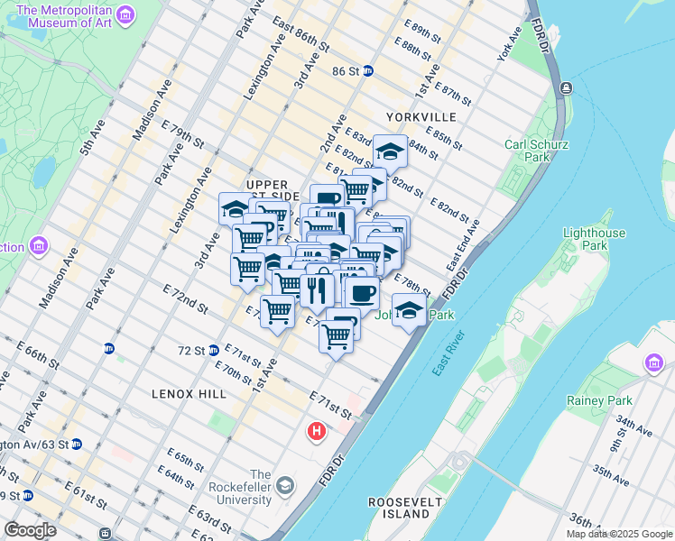 map of restaurants, bars, coffee shops, grocery stores, and more near 419 East 76th Street in New York